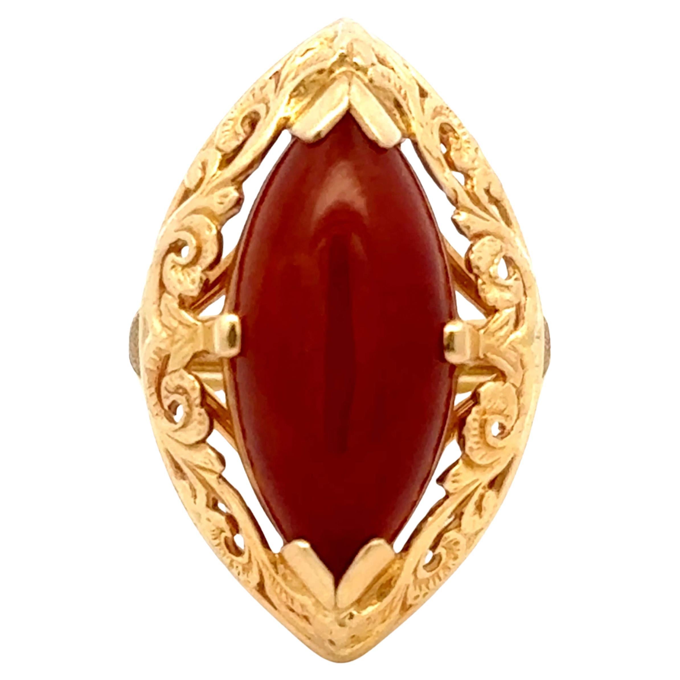 Mings Red Marquise Cabochon Jade Ring 14k Yellow Gold