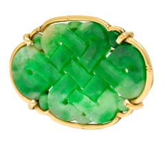 Ming's Retro Jade 14 Karat Yellow Gold Carved Lattice Brooch