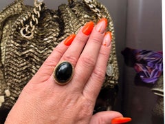 Mings Roped Border Design Black Jade Oval Cabochon Ring 14k Yellow Gold