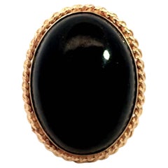 Mings Roped Border Design Black Jade Oval Cabochon Ring 14k Yellow Gold