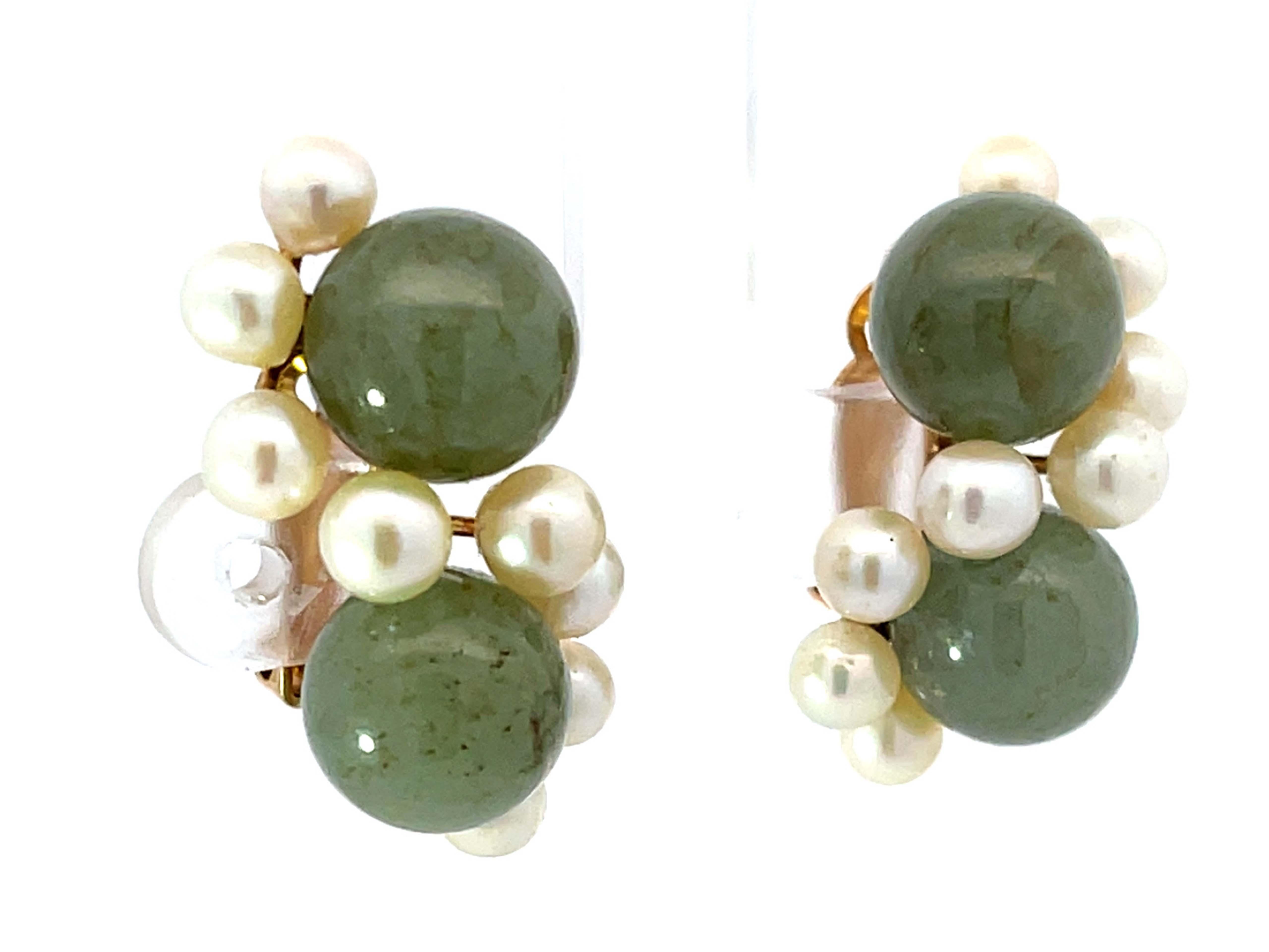 Mings Ohrclips aus 14 Karat Gelbgold mit runder grüner Jade und Akoya-Perle (Moderne)