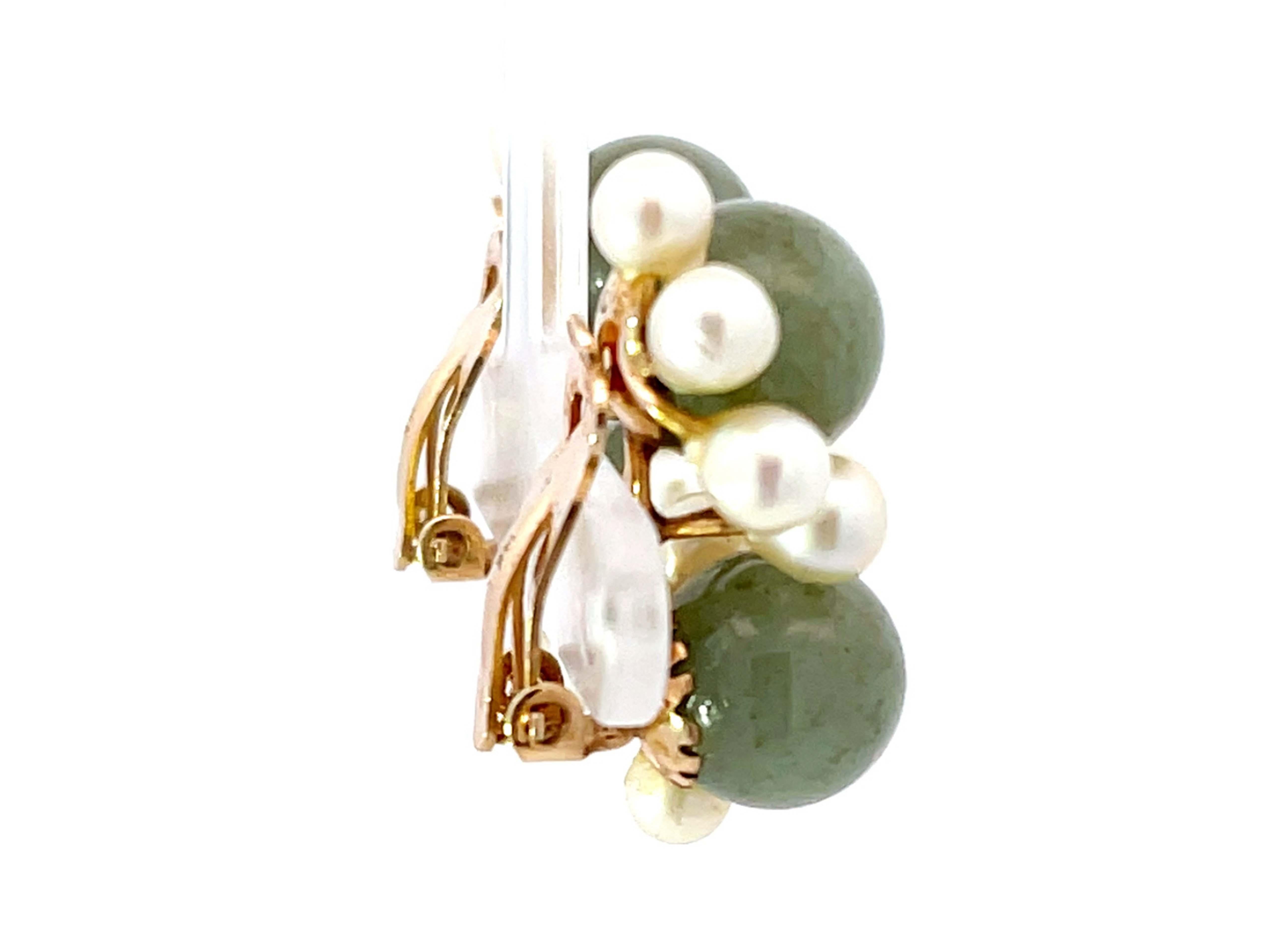 Round Cut Mings Round Green Jade and Akoya Pearl Clip on Earrings 14K Yellow Gold