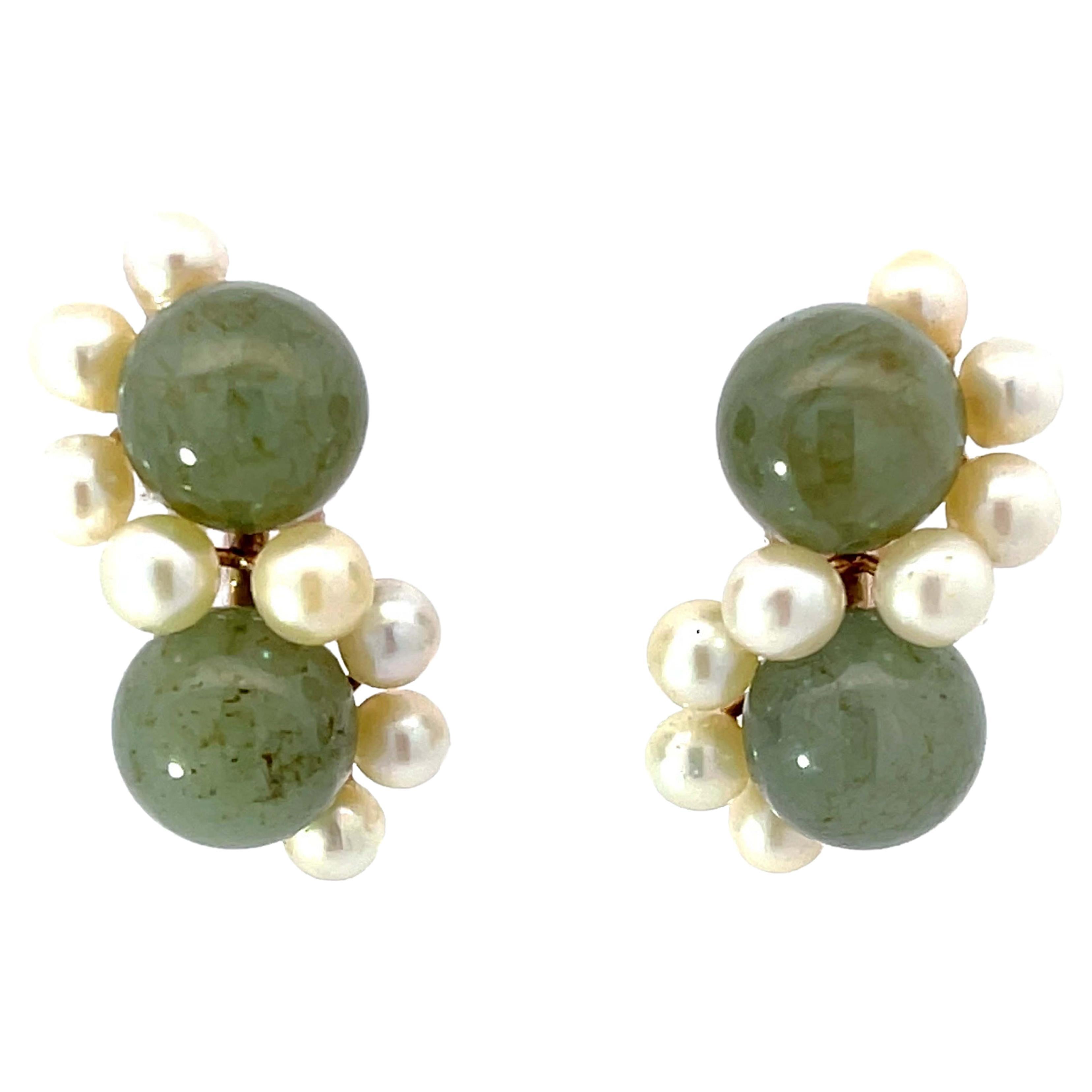 Mings Round Green Jade and Akoya Pearl Clip on Earrings 14K Yellow Gold