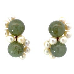 Mings Round Green Jade and Akoya Pearl Clip on Earrings 14K Yellow Gold