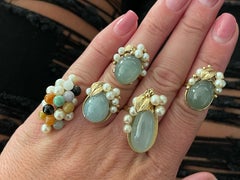 Mings Round Green Jade and Pearl Leaf Ring in 14k Yellow Gold