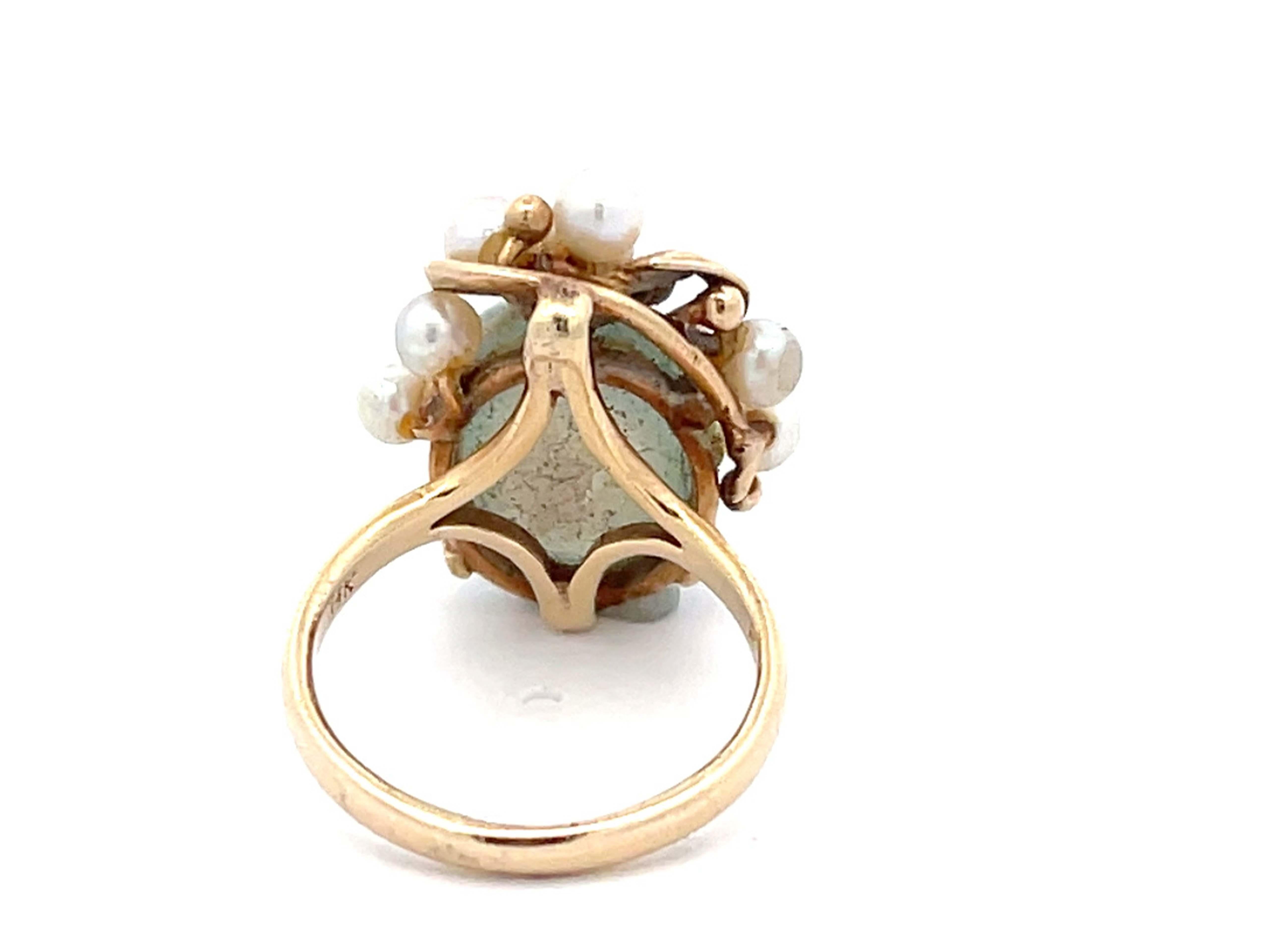Modern Mings Round Green Jade and Pearl Leaf Ring in 14k Yellow Gold For Sale