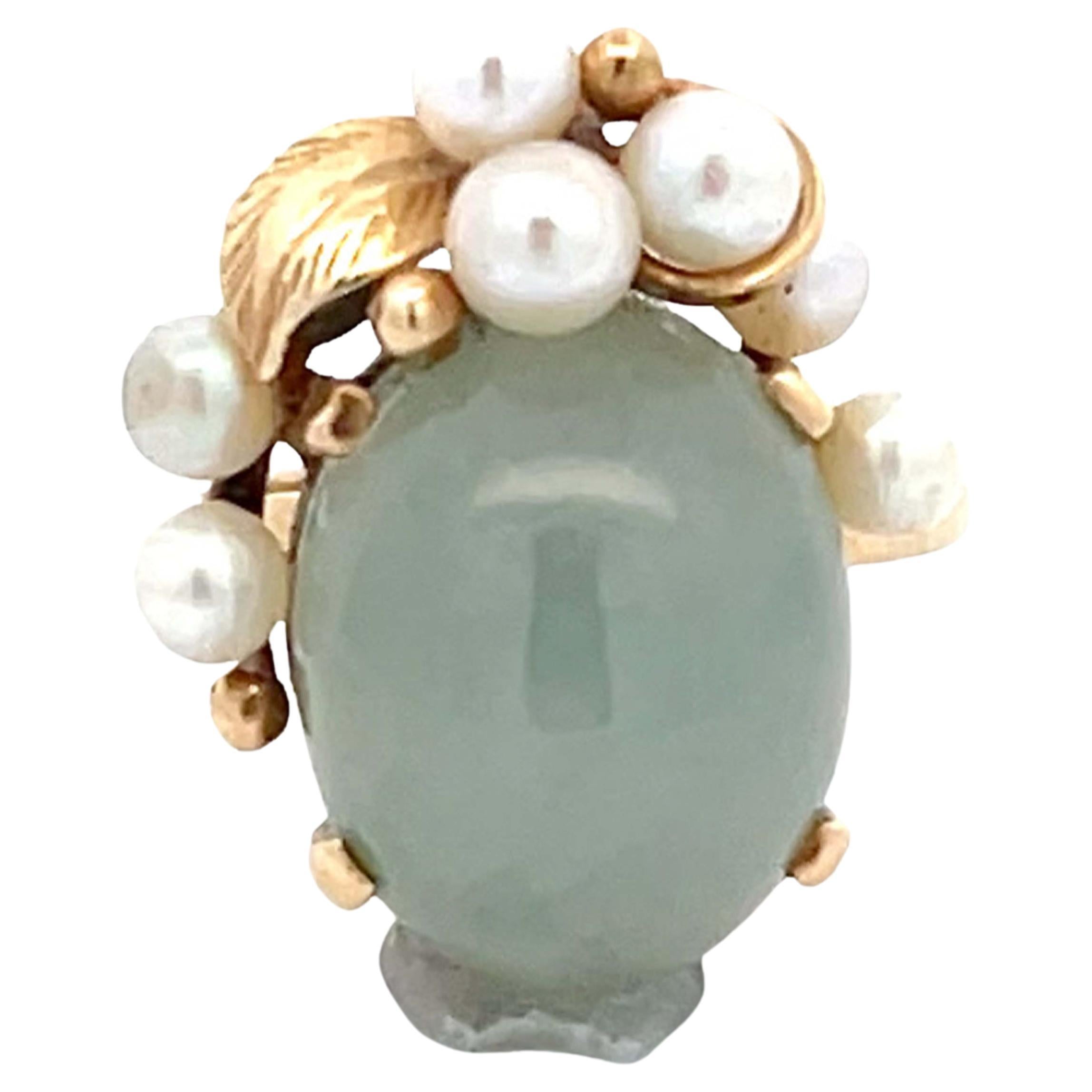 Mings Round Green Jade and Pearl Leaf Ring in 14k Yellow Gold