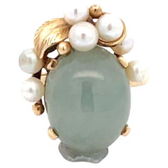 Retro Mings Round Green Jade and Pearl Leaf Ring in 14k Yellow Gold