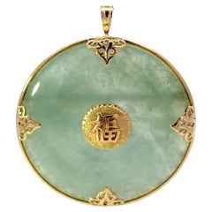 Ming's Round Green Jade Pendant 14k Yellow Gold
