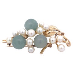 Mings Round Jade Leaf and Pearl Brooch in 14k Yellow Gold