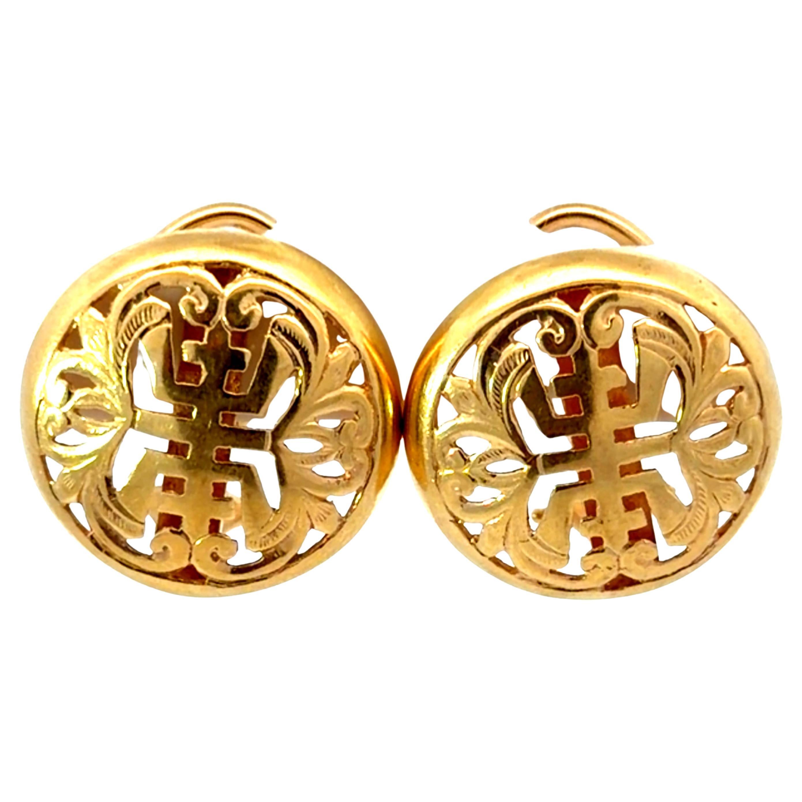 Ming's Round Longevity Omega Back Earrings 14K Yellow Gold For Sale