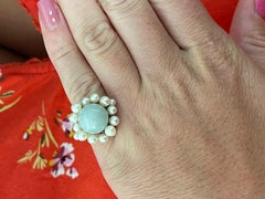 Mings Round Pale Green Jade with Pearl Halo Ring in 14k Yellow Gold