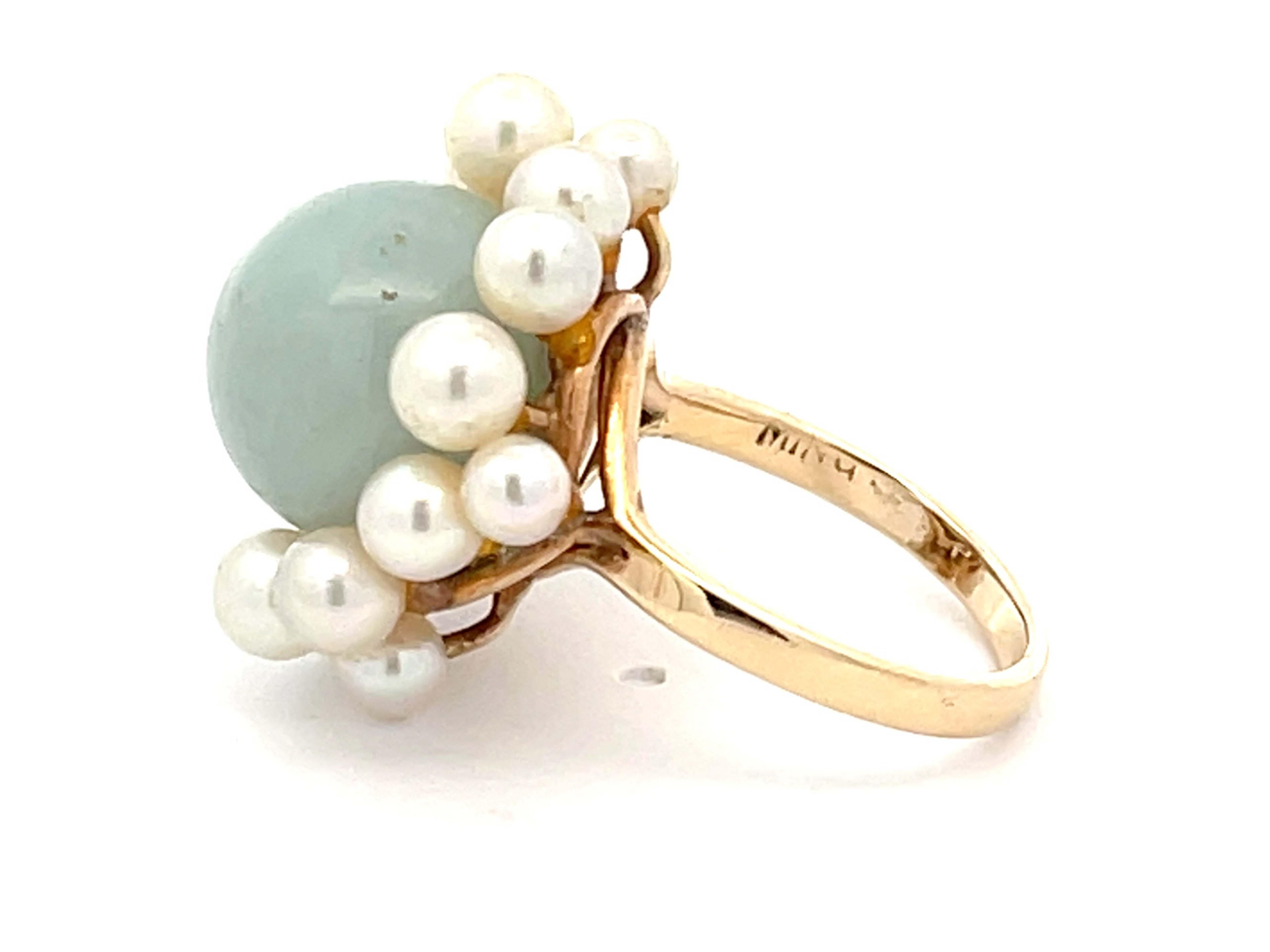 Modern Mings Round Pale Green Jade with Pearl Halo Ring in 14k Yellow Gold For Sale