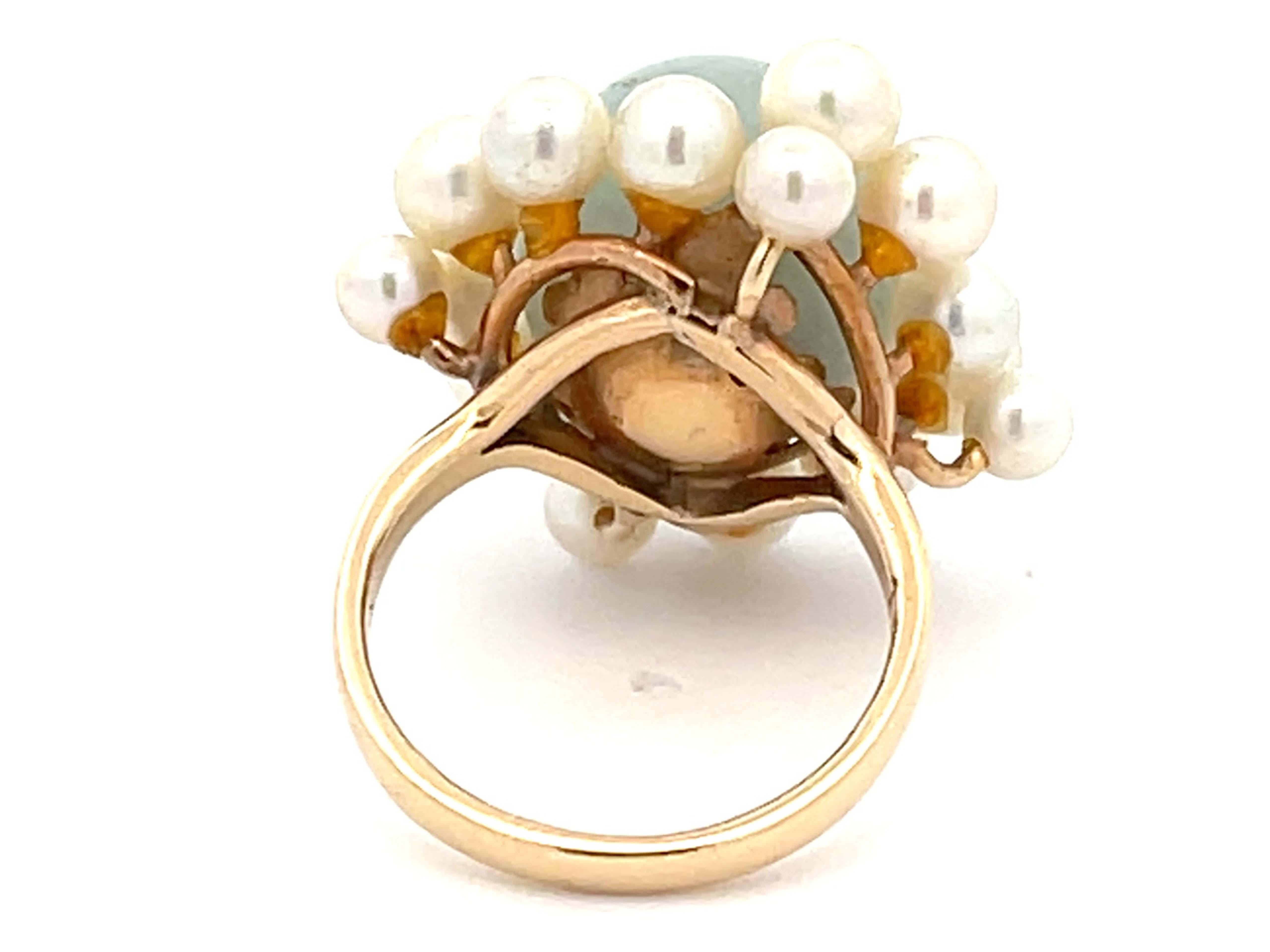 Round Cut Mings Round Pale Green Jade with Pearl Halo Ring in 14k Yellow Gold For Sale