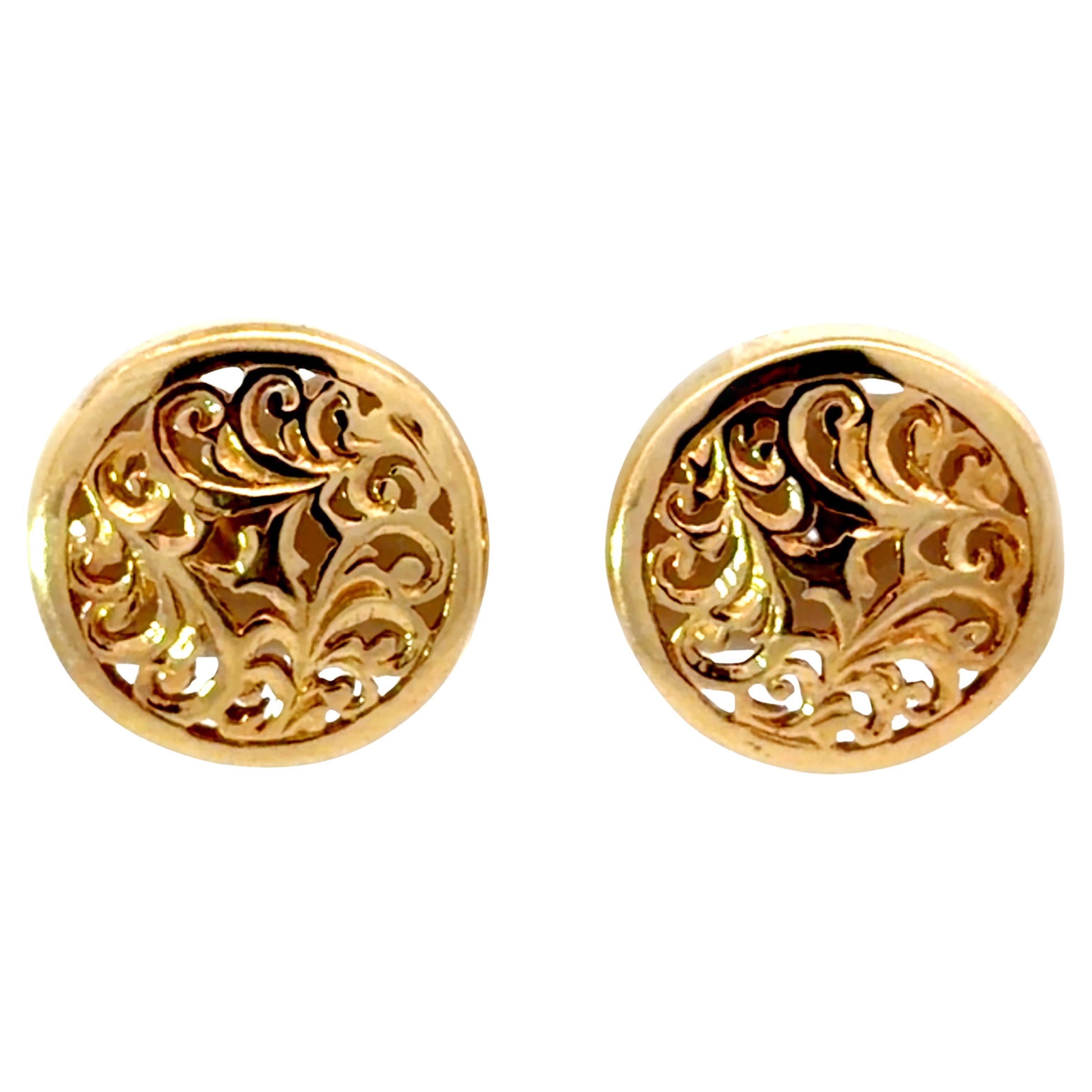 Ming's Round Scroll Design Stud Earrings 14K Yellow Gold For Sale