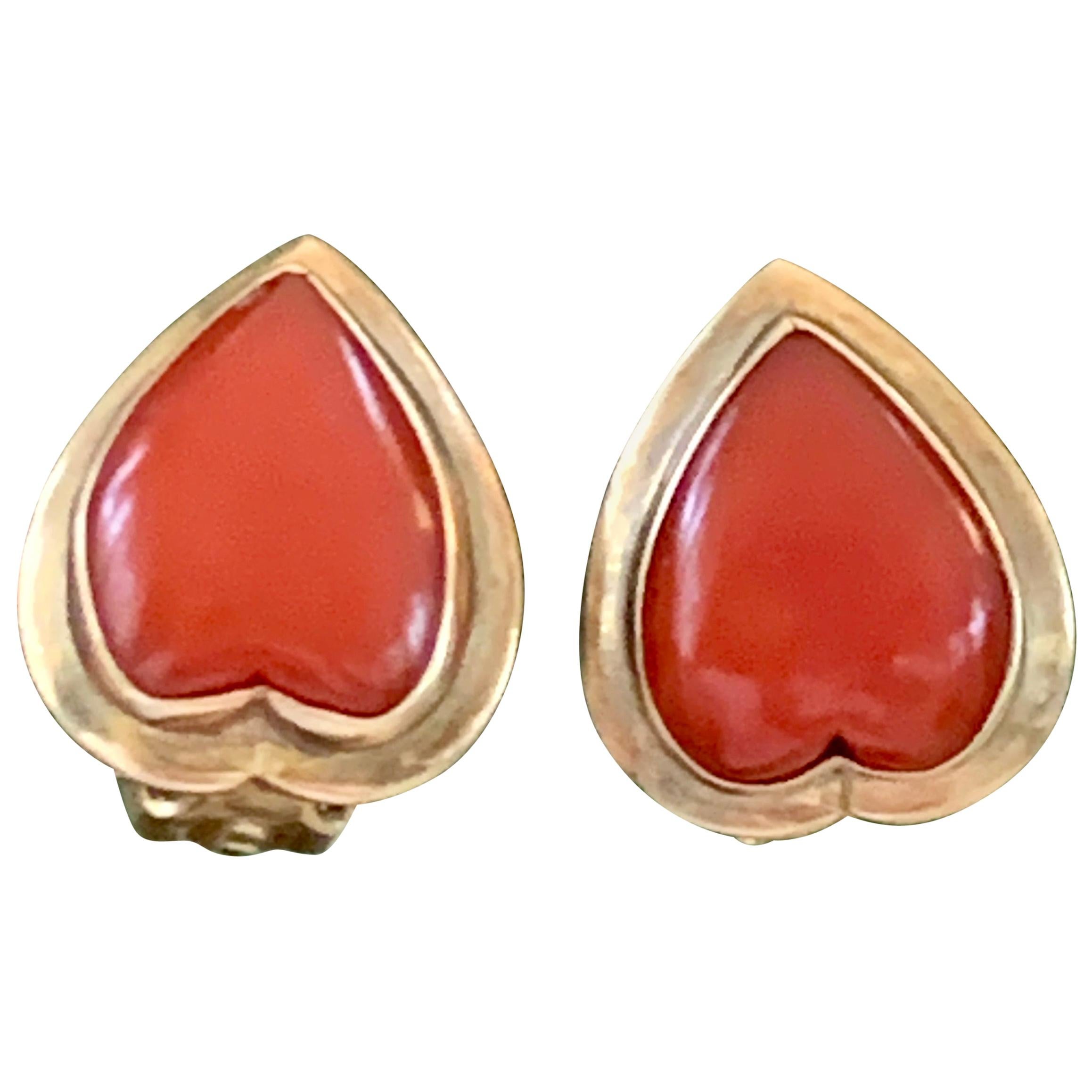 Ming's Signed Oxblood Coral Heart Cabochon 14 Karat Yellow Gold Clip-On Earrings