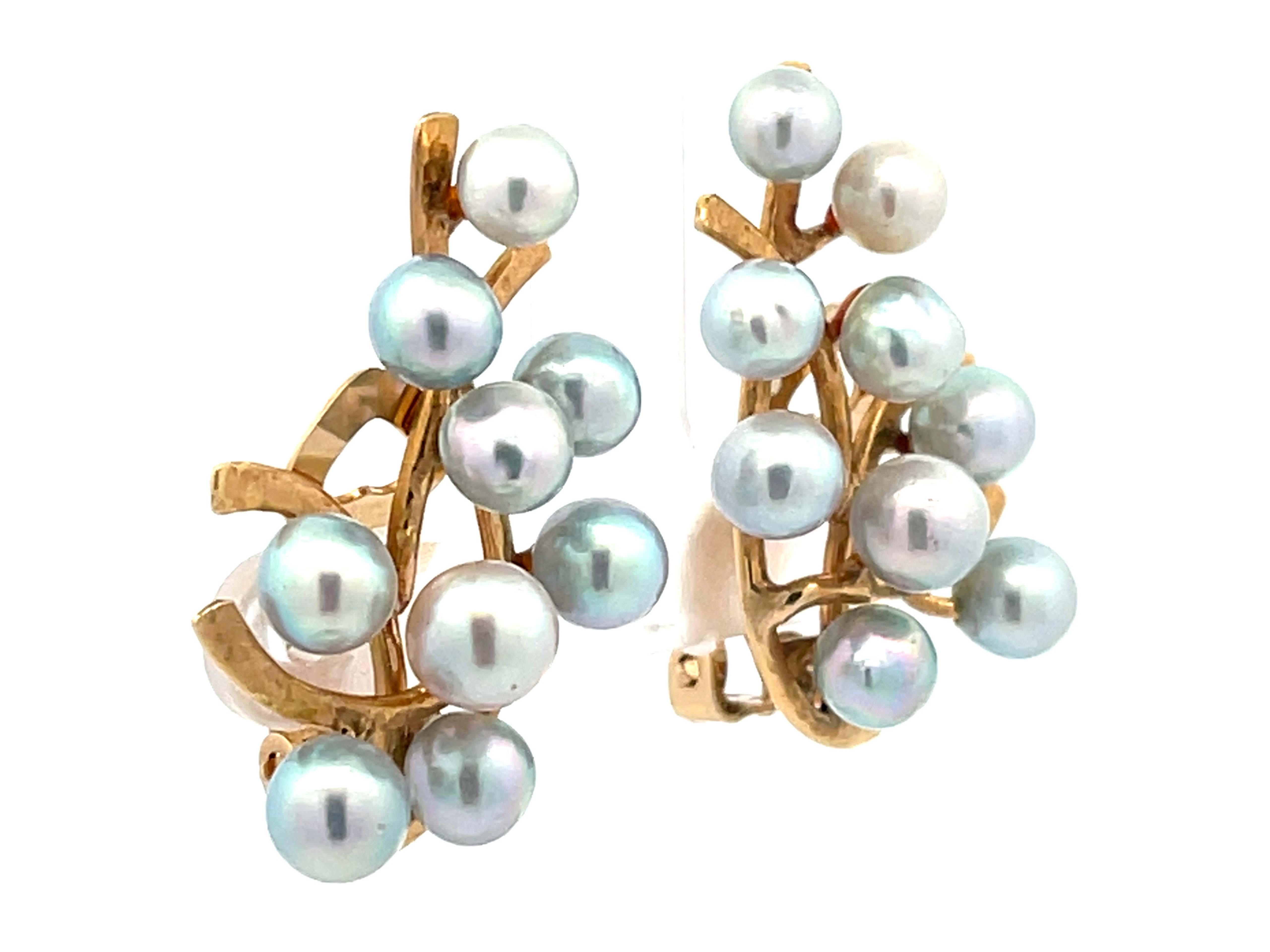 Modern Mings Silver Blue Pearl Leaf Clip on Earrings in 14k Yellow Gold For Sale