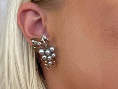 Mings Silver Pearl and Leaf Earrings in 14k White Gold