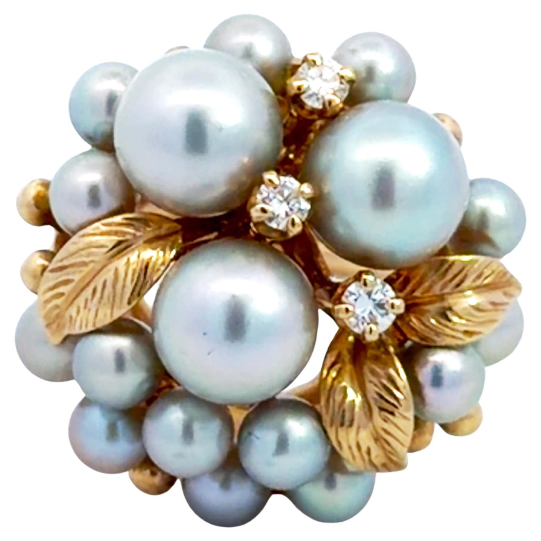 Mings Silver Pearl Diamond Cluster Ring 14k Yellow Gold