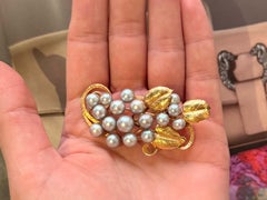 Mings Silver Pearl Vine Cluster Leaf Brooch 14k Yellow Gold