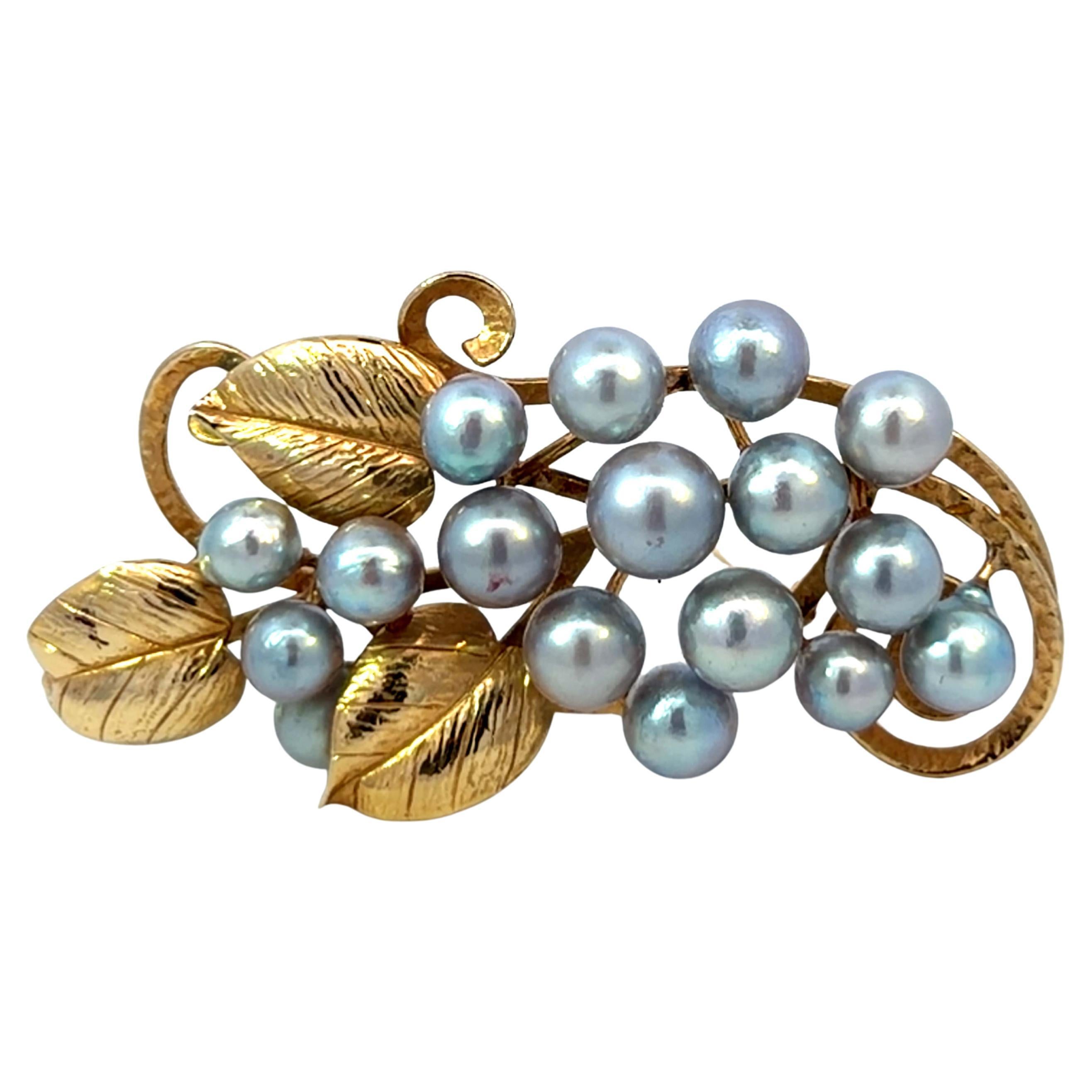 Mings Silver Pearl Vine Cluster Leaf Brooch 14k Yellow Gold For Sale