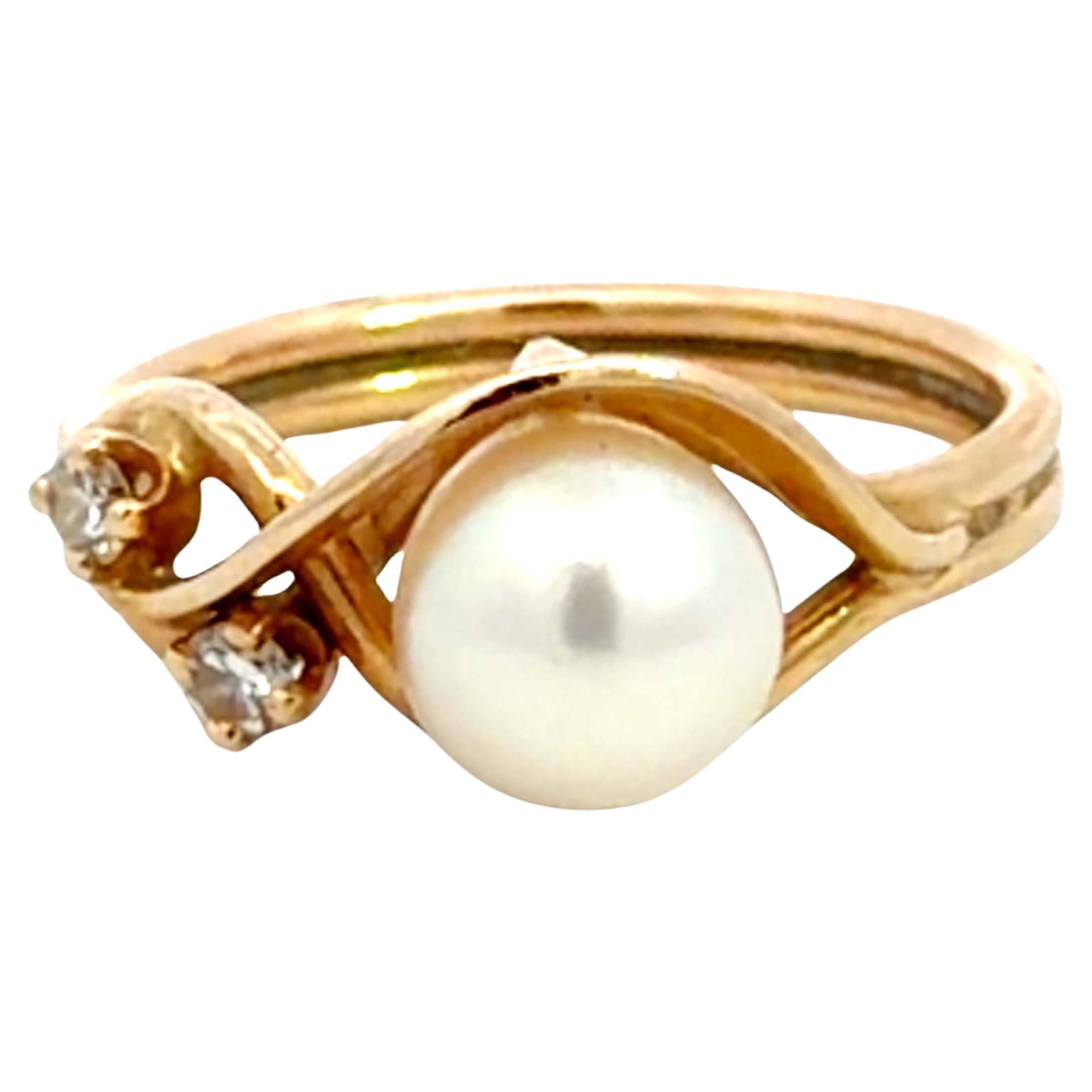 Mings Single Akoya Pearl Two Diamond Ring 14k Yellow Gold For Sale