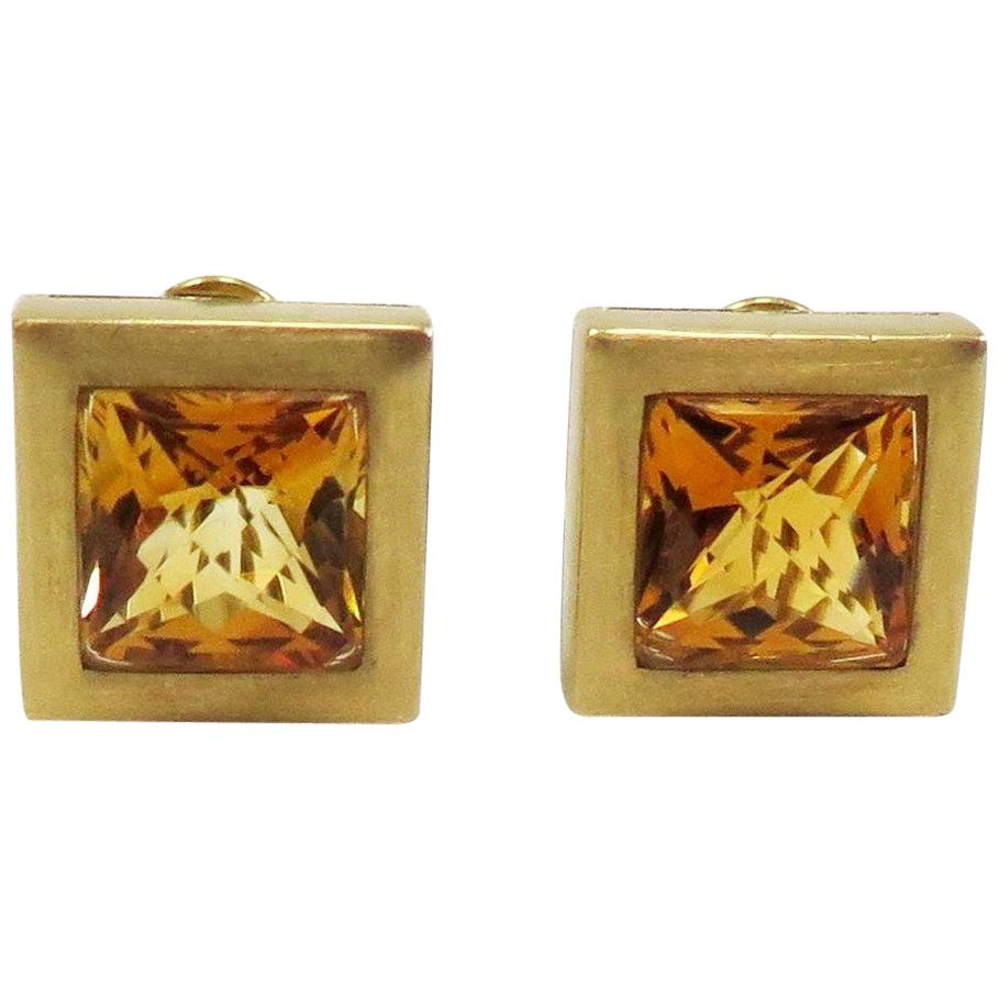 Ming's Square Citrine Omega Back 18 Karat Yellow Gold Earrings For Sale