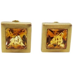 Ming's Square Citrine Omega Back 18 Karat Yellow Gold Earrings