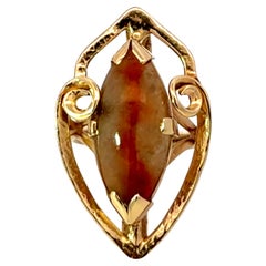 Mings Tan and Orange Bicolor Jade Vein Marquise Ring 14k Yellow Gold