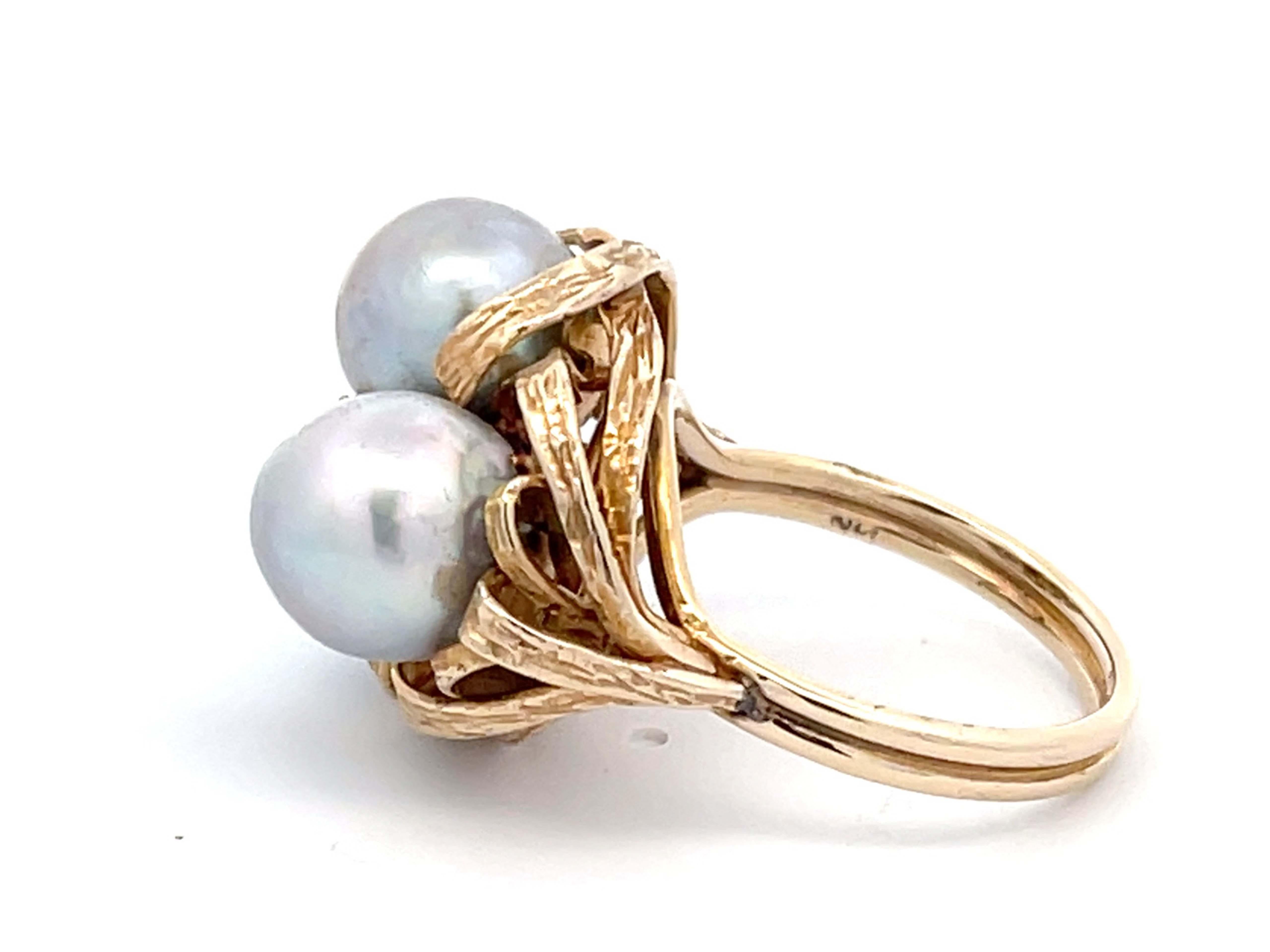 Modern Mings Three Silver Pearl Ring in 14k Yellow Gold For Sale
