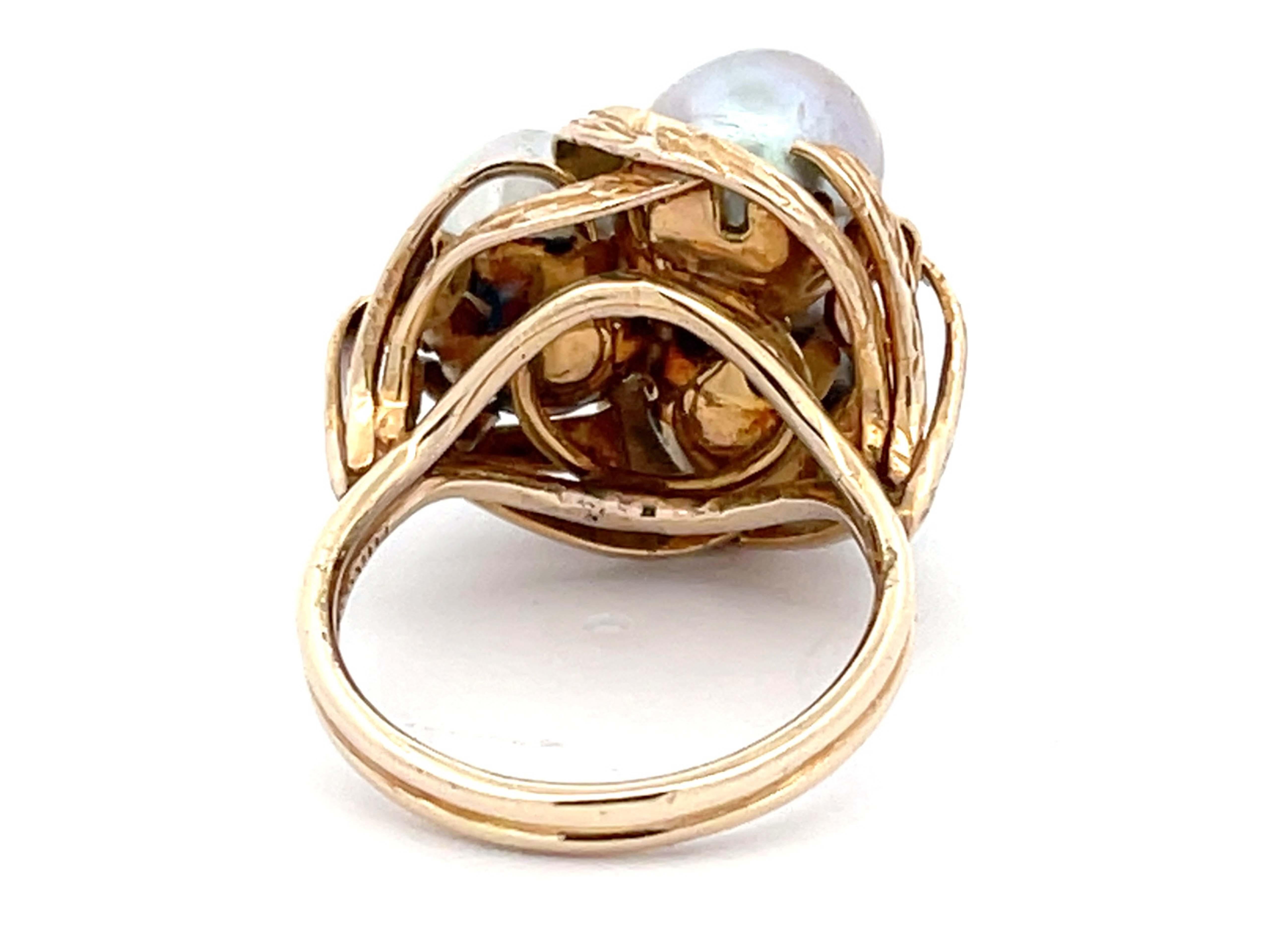 Round Cut Mings Three Silver Pearl Ring in 14k Yellow Gold For Sale
