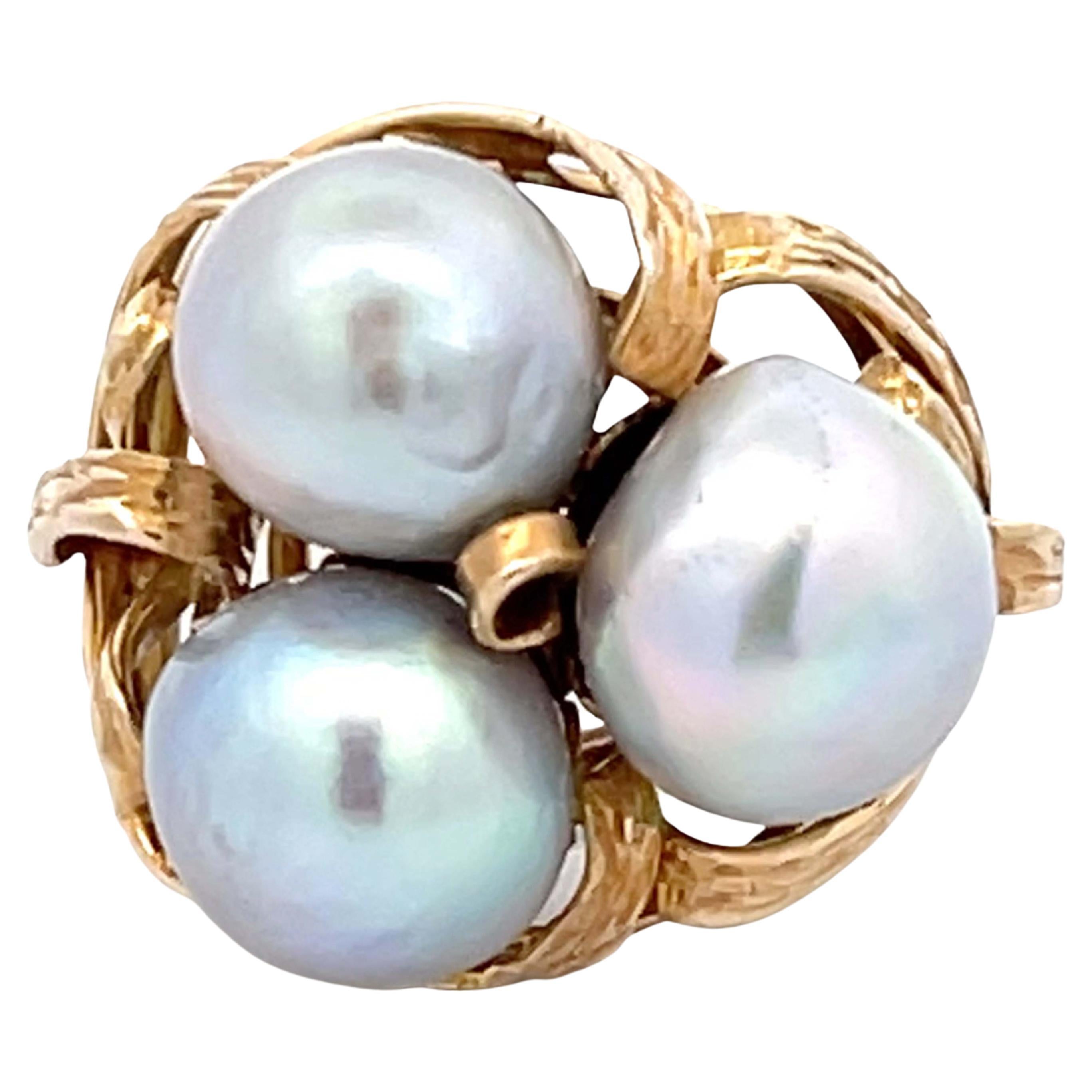 Mings Three Silver Pearl Ring in 14k Yellow Gold For Sale