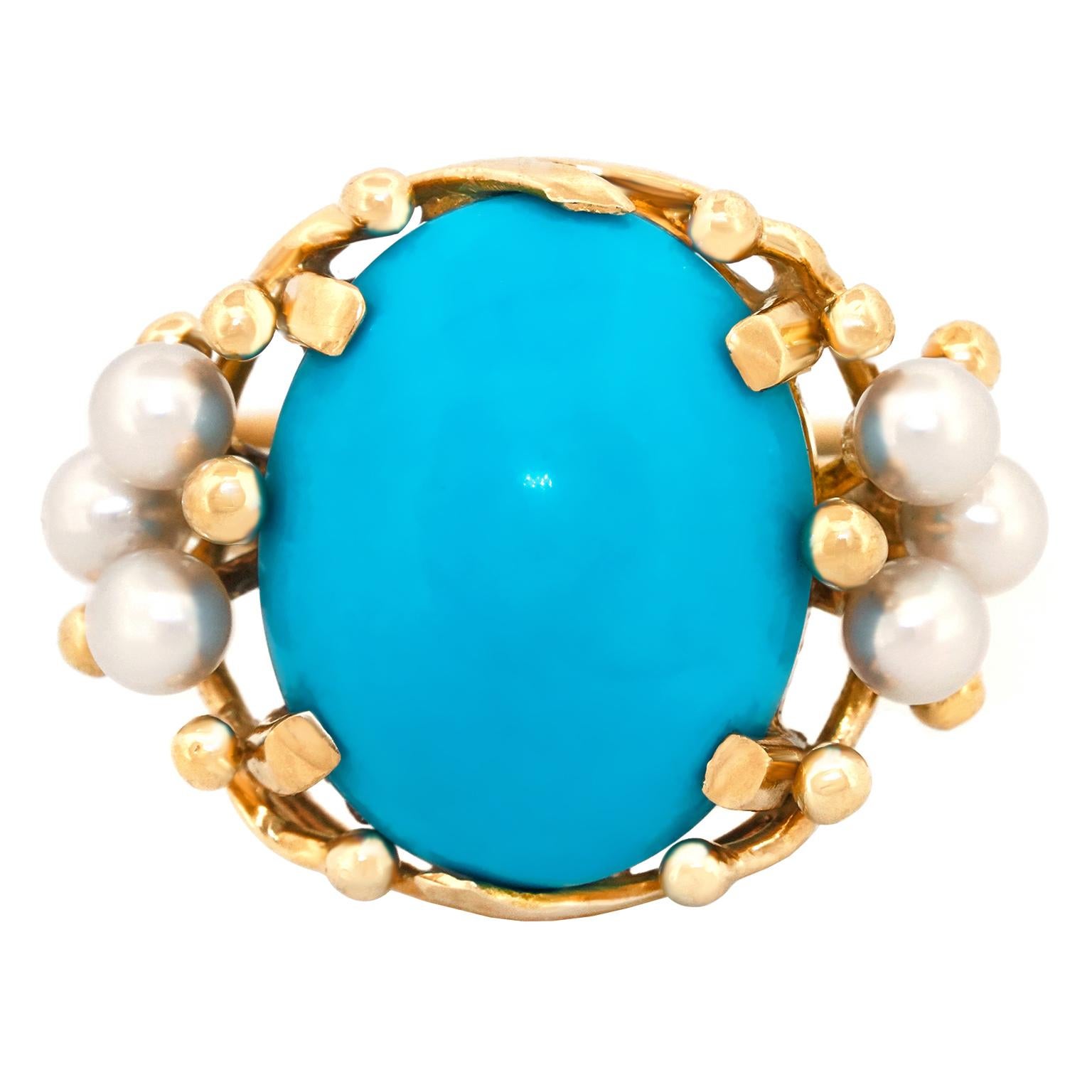 Cabochon Mings Turquoise and Pearl Ring