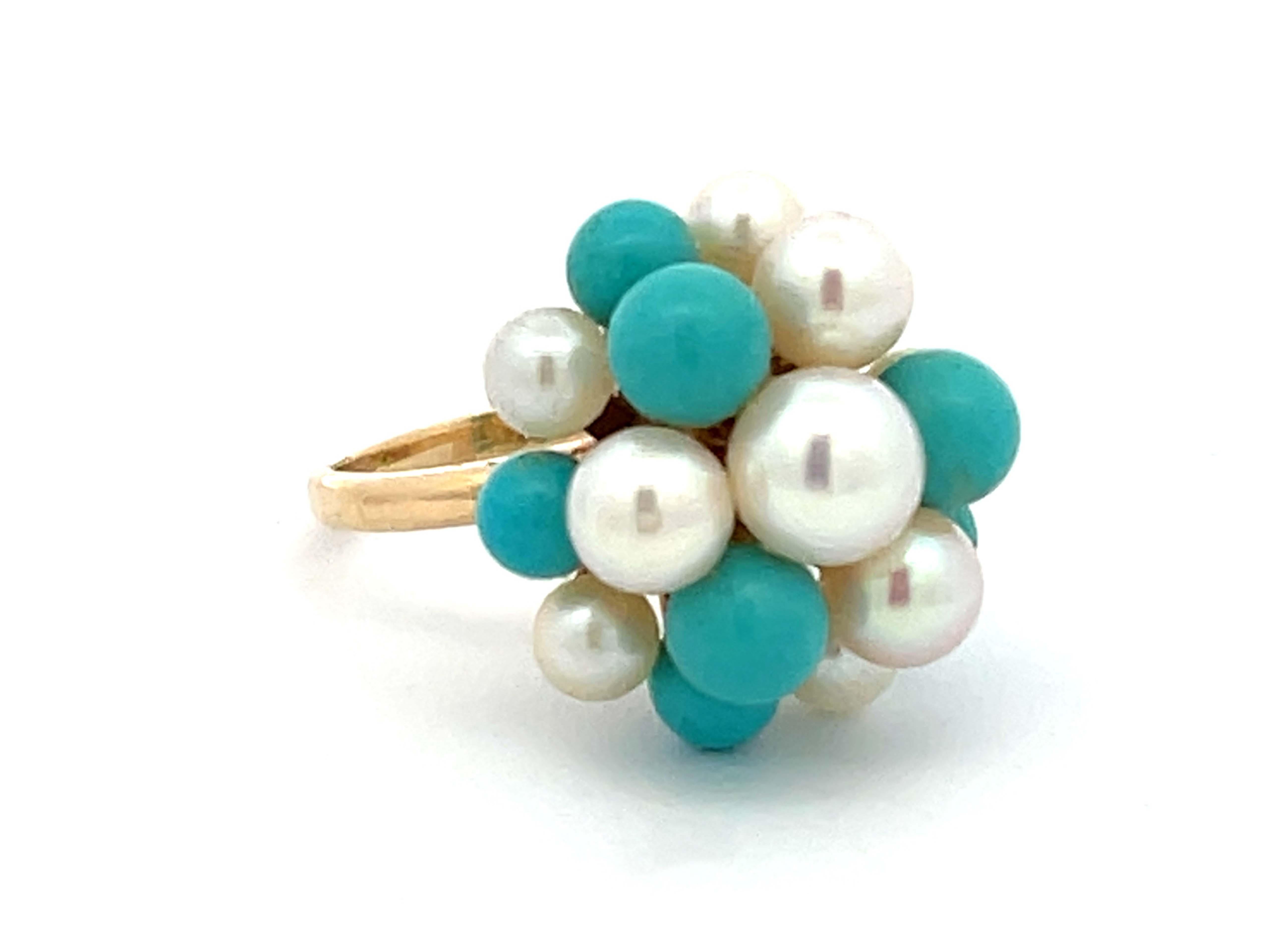 Modern Mings Turquoise and Pearl Ring in 14k Yellow Gold For Sale