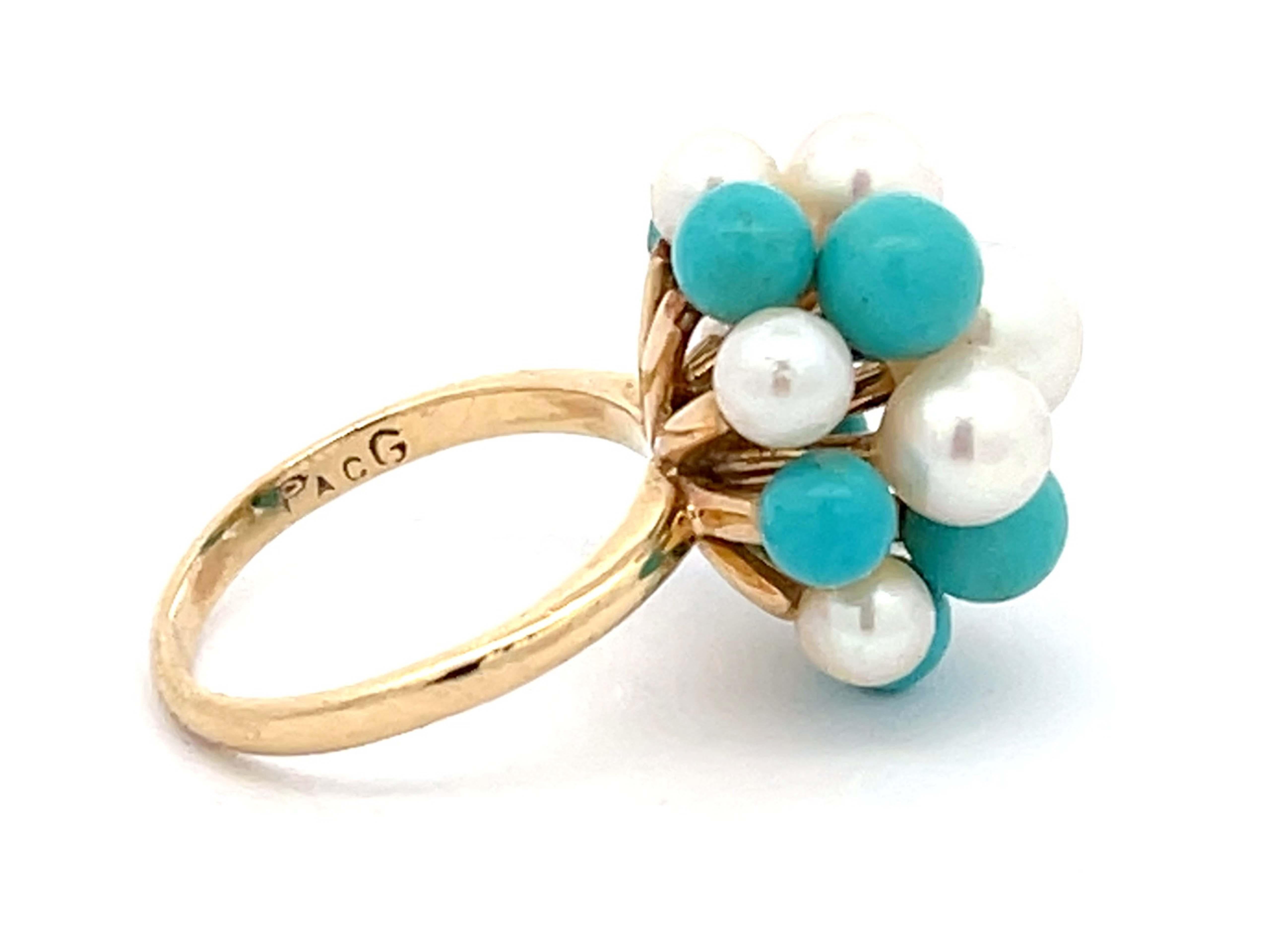 Round Cut Mings Turquoise and Pearl Ring in 14k Yellow Gold For Sale
