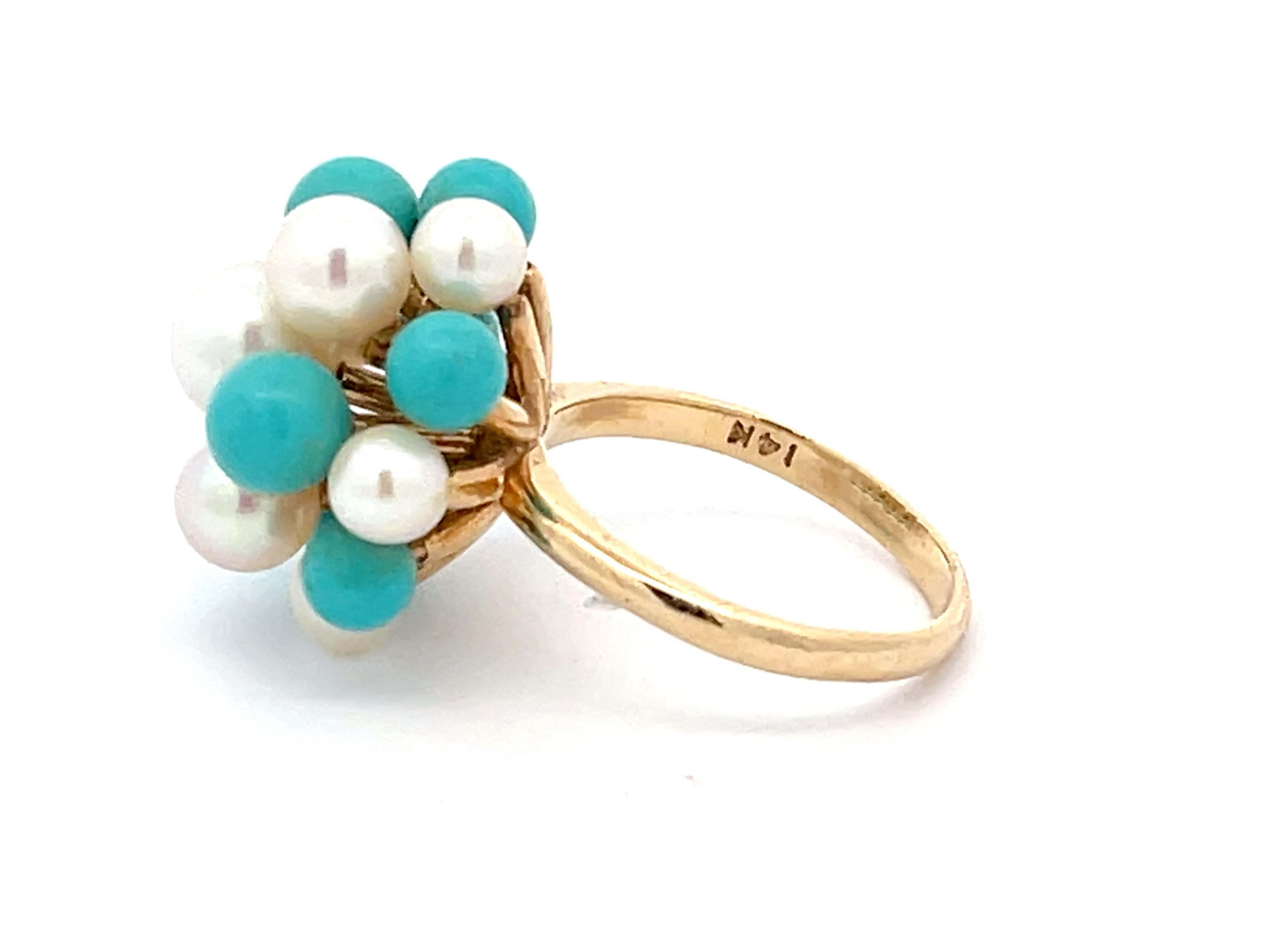 Mings Turquoise and Pearl Ring in 14k Yellow Gold In Excellent Condition For Sale In Honolulu, HI
