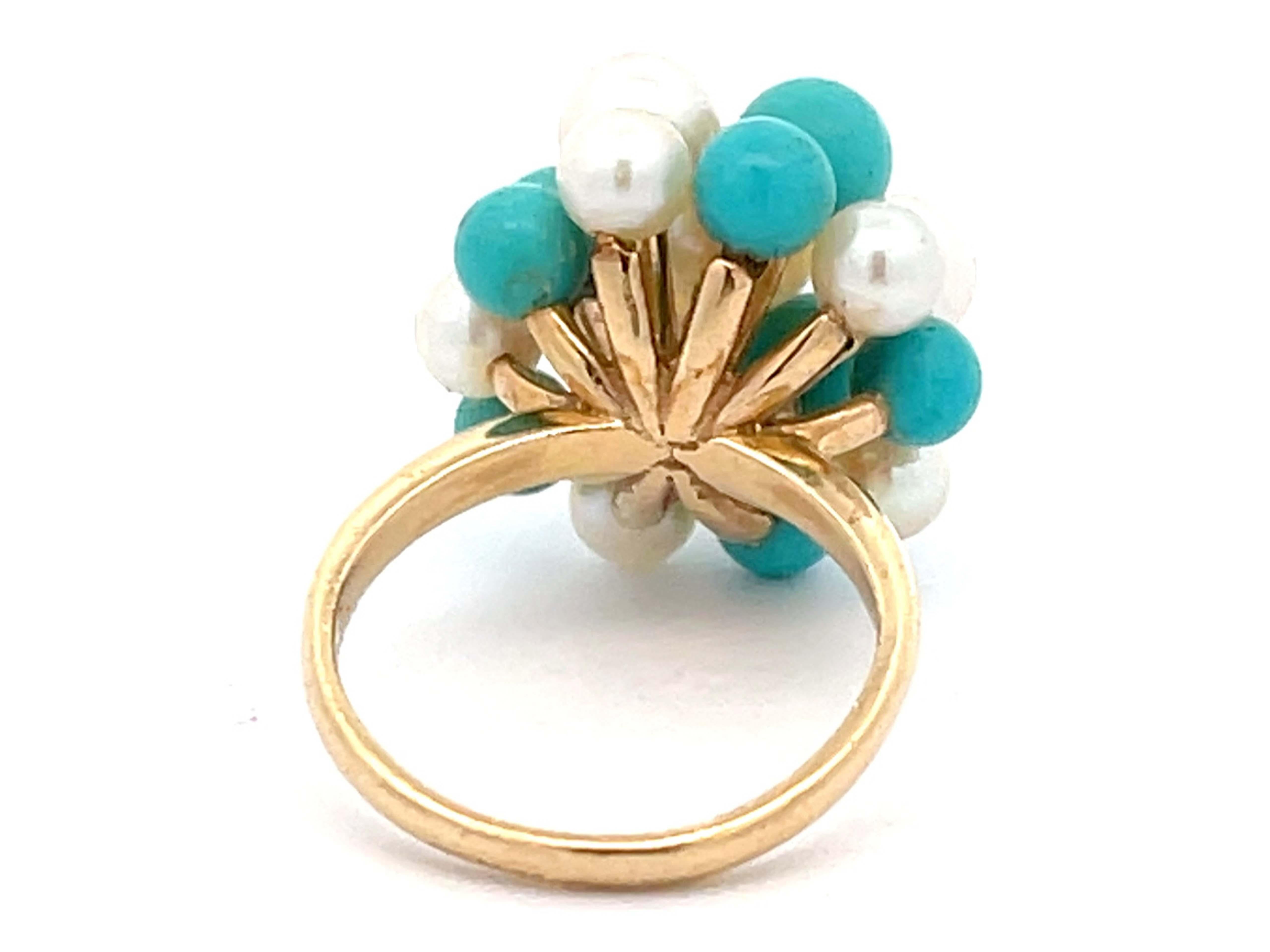 Women's Mings Turquoise and Pearl Ring in 14k Yellow Gold For Sale