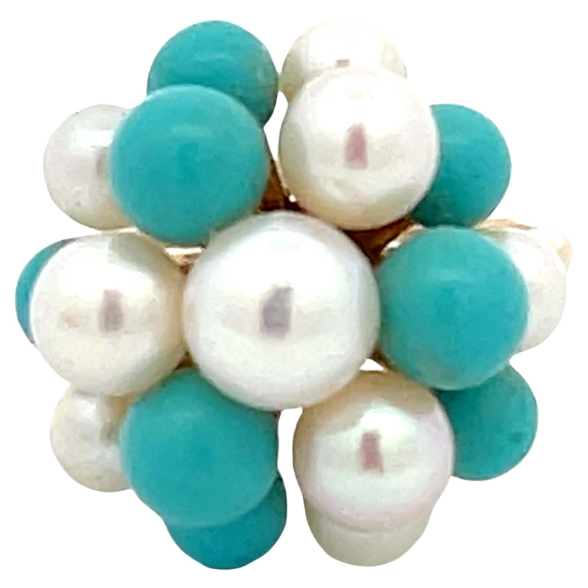 Mings Turquoise and Pearl Ring in 14k Yellow Gold For Sale