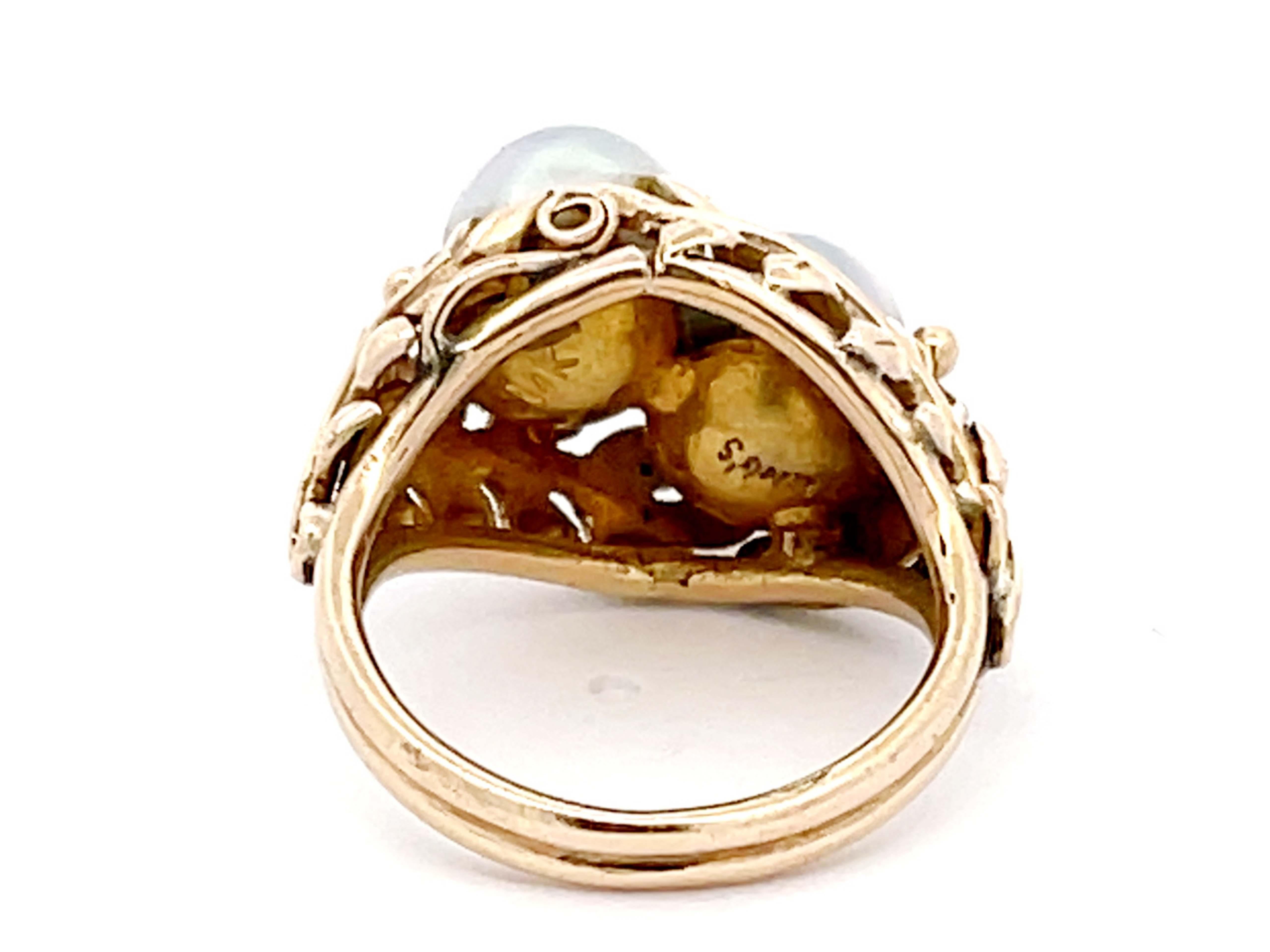 Round Cut Mings Two Baroque Pearl and Leaf Design Ring in 14k Yellow Gold For Sale