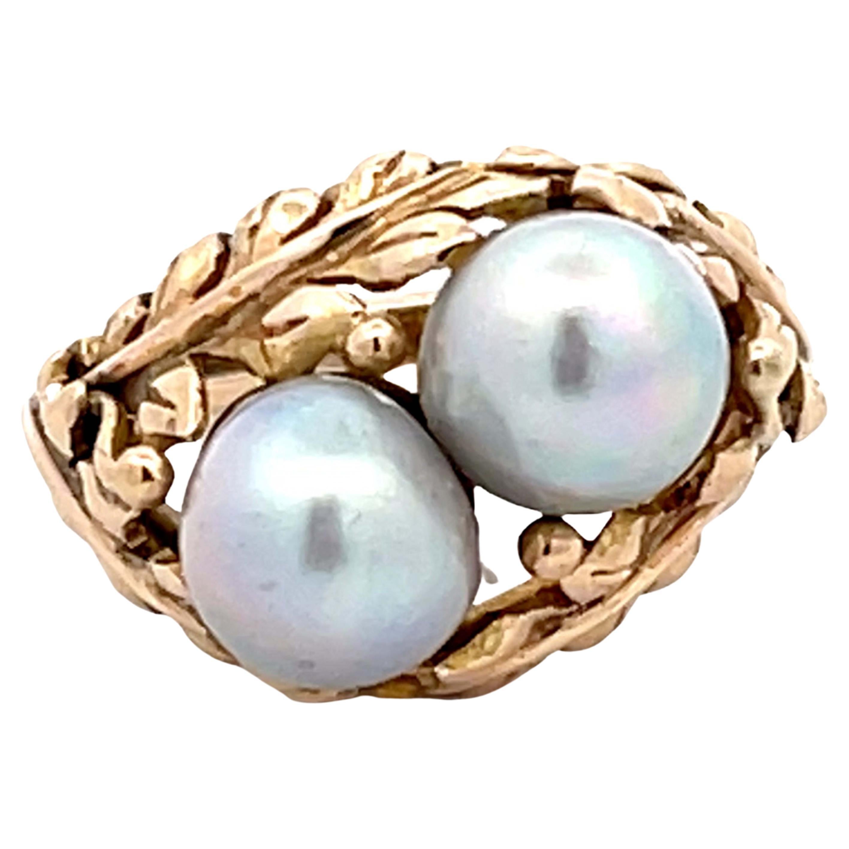 Mings Two Baroque Pearl and Leaf Design Ring in 14k Yellow Gold For Sale