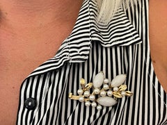 Mings White Jade and Pearl Branch Brooch in 14k Yellow Gold