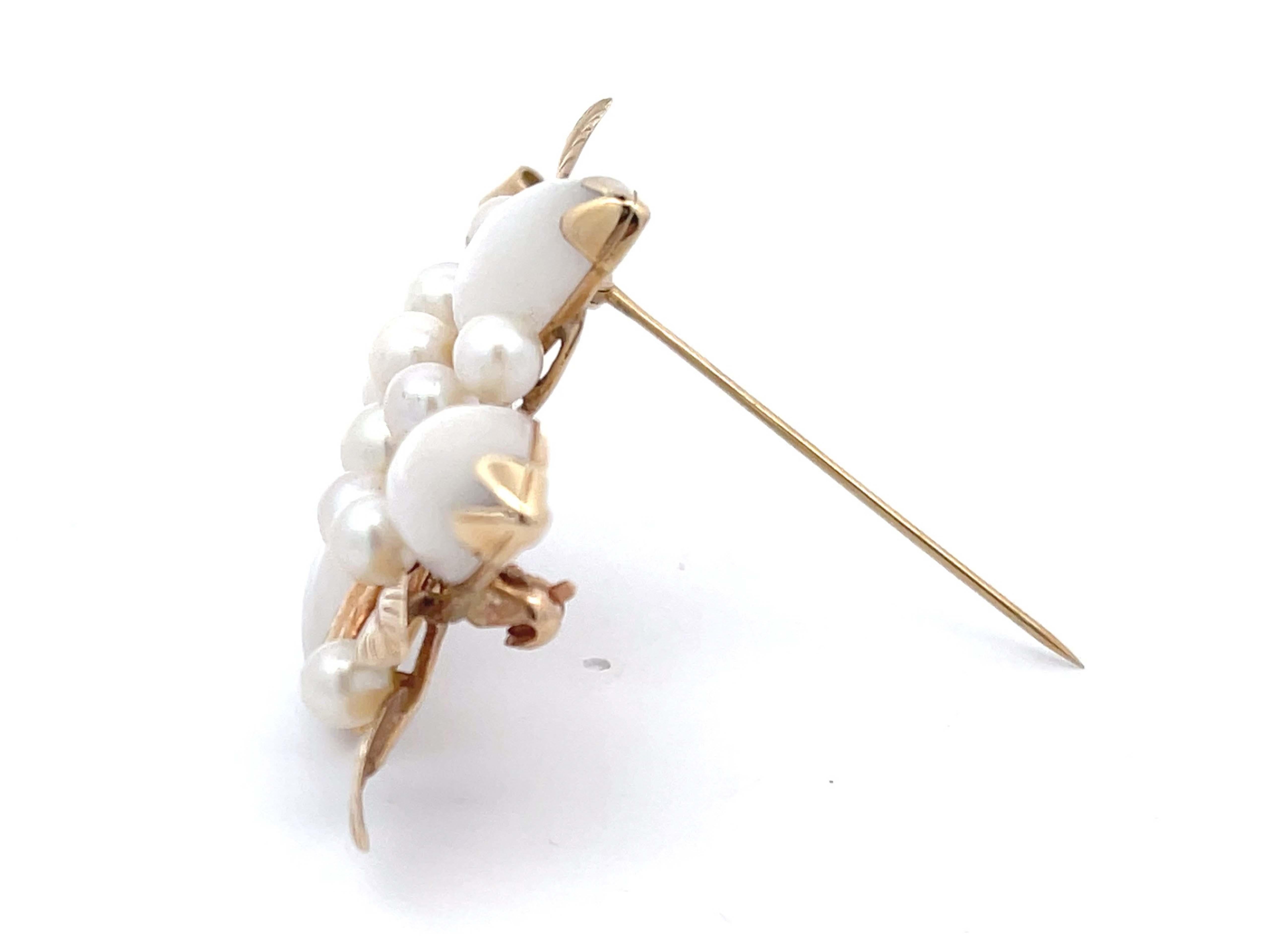 Modern Mings White Jade and Pearl Branch Brooch in 14k Yellow Gold For Sale
