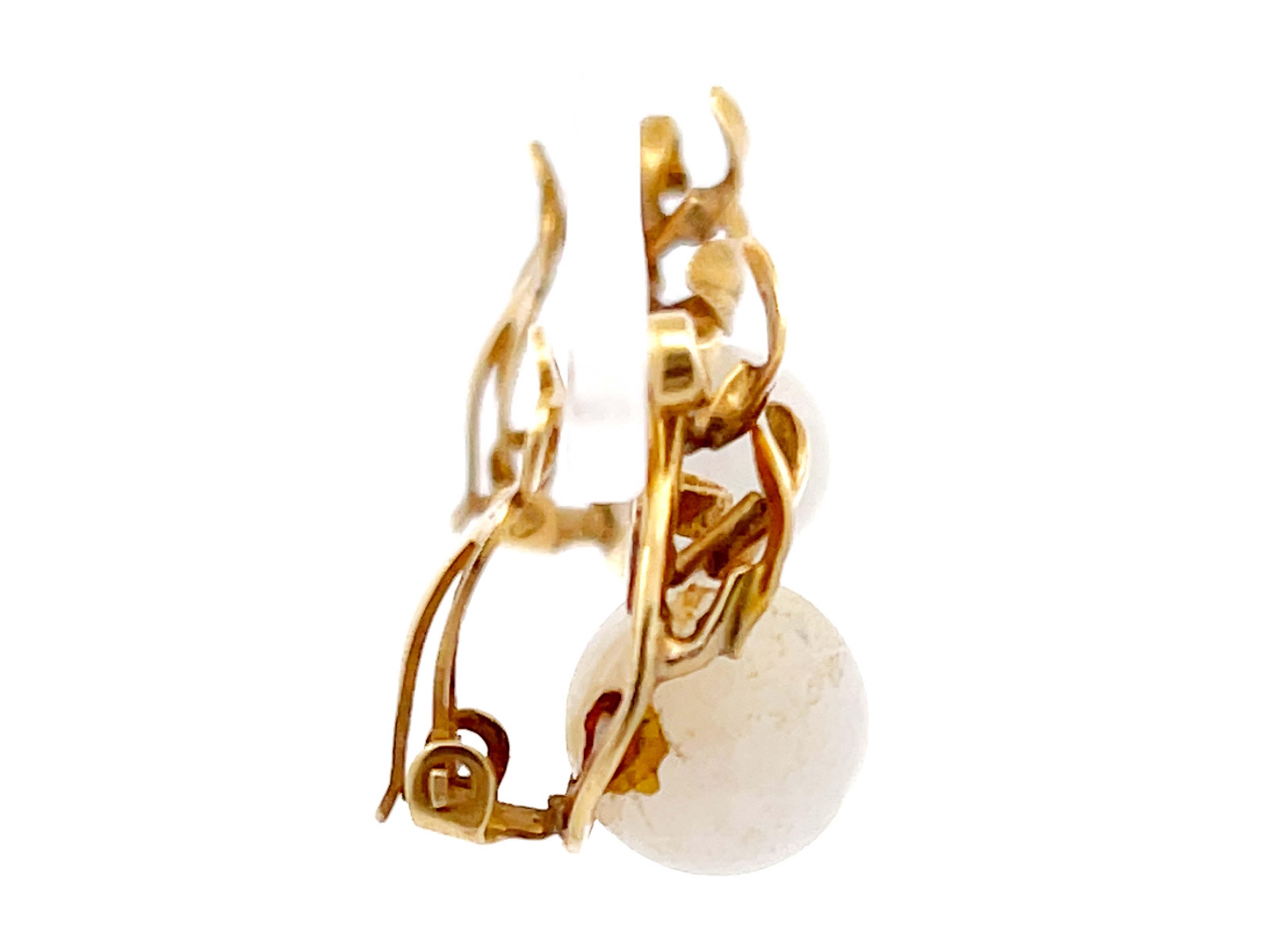 Modern Mings White Jade Sphere and Leaves Clip on Earrings in 14k For Sale