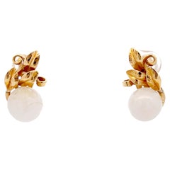 Retro Mings White Jade Sphere and Leaves Clip on Earrings in 14k