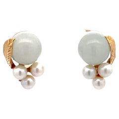Mings White Jade Sphere, Pearls and Leaves Earrings in 14k Yellow Gold