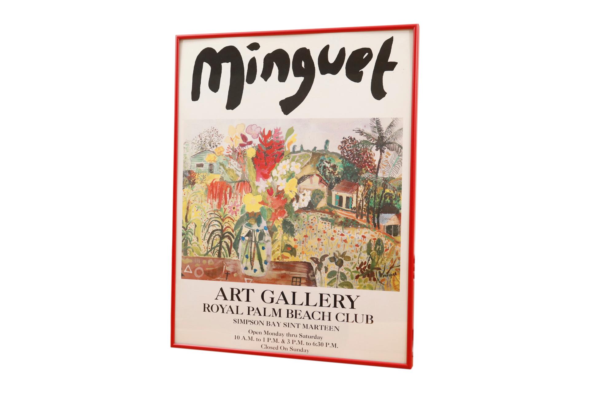 A framed giclee poster promoting an exhibition of works by Minguet at the Royal Palm Beach Club. The artist’s signature is boldly displayed above a window scene in warm tones. Set in a red metal frame and wired and ready to hang.

Alexandre