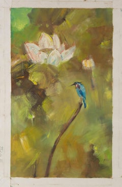 Olio originale su tela di Mingyan Li Floral "Lotus With Bird" (Loto con uccello)