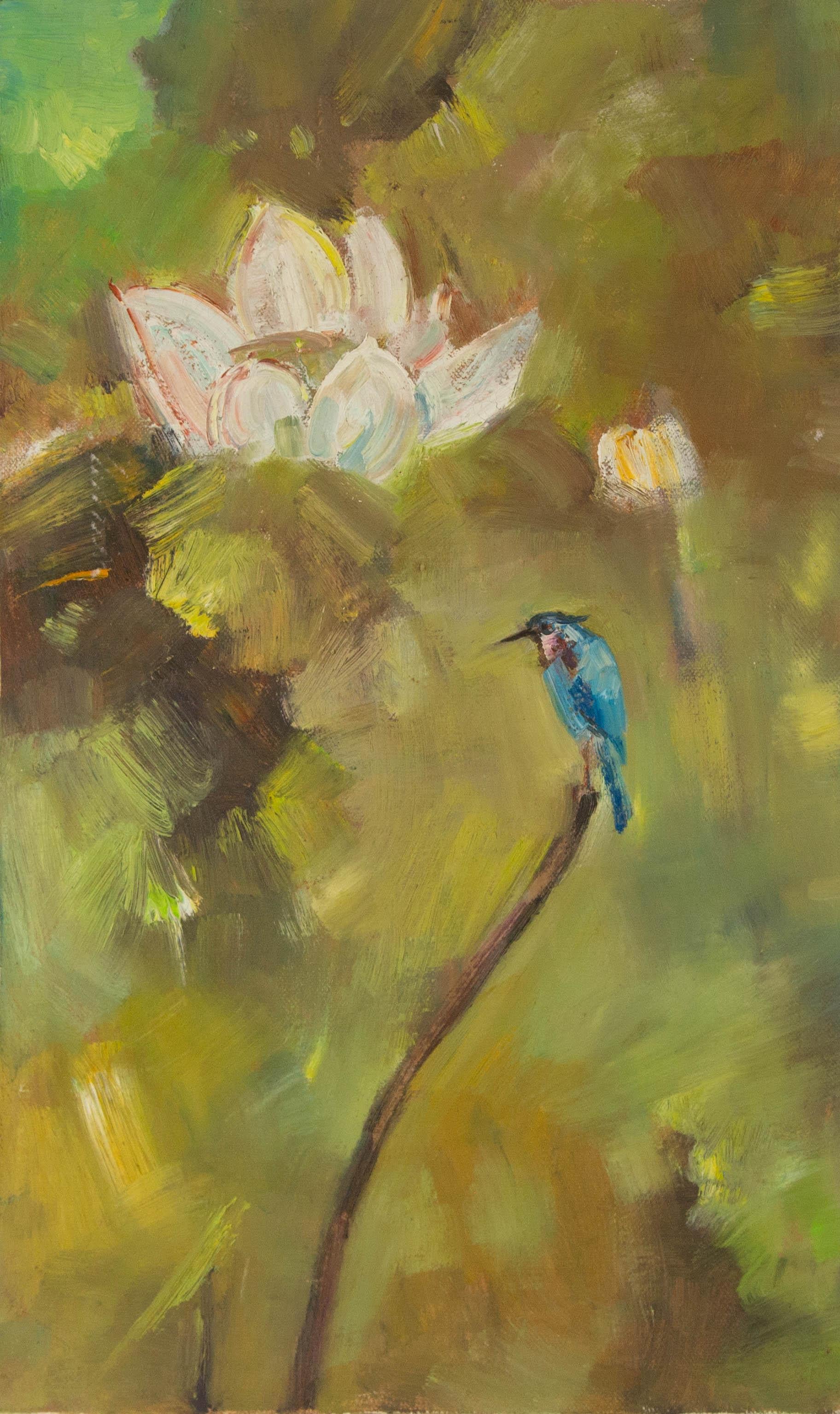 Mingyan Li Floral Original Oil On Canvas "Lotus With Bird" (Lotus avec oiseau)