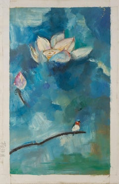 Mingyan Li Floral Original Oil On Canvas "Lotus With Bird II"