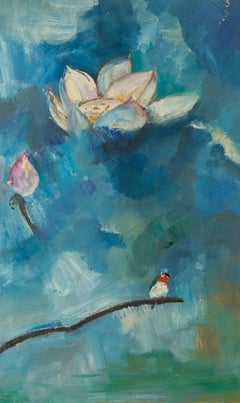 Mingyan Li Floral Original Öl auf Leinwand "Lotus mit Vogel II"